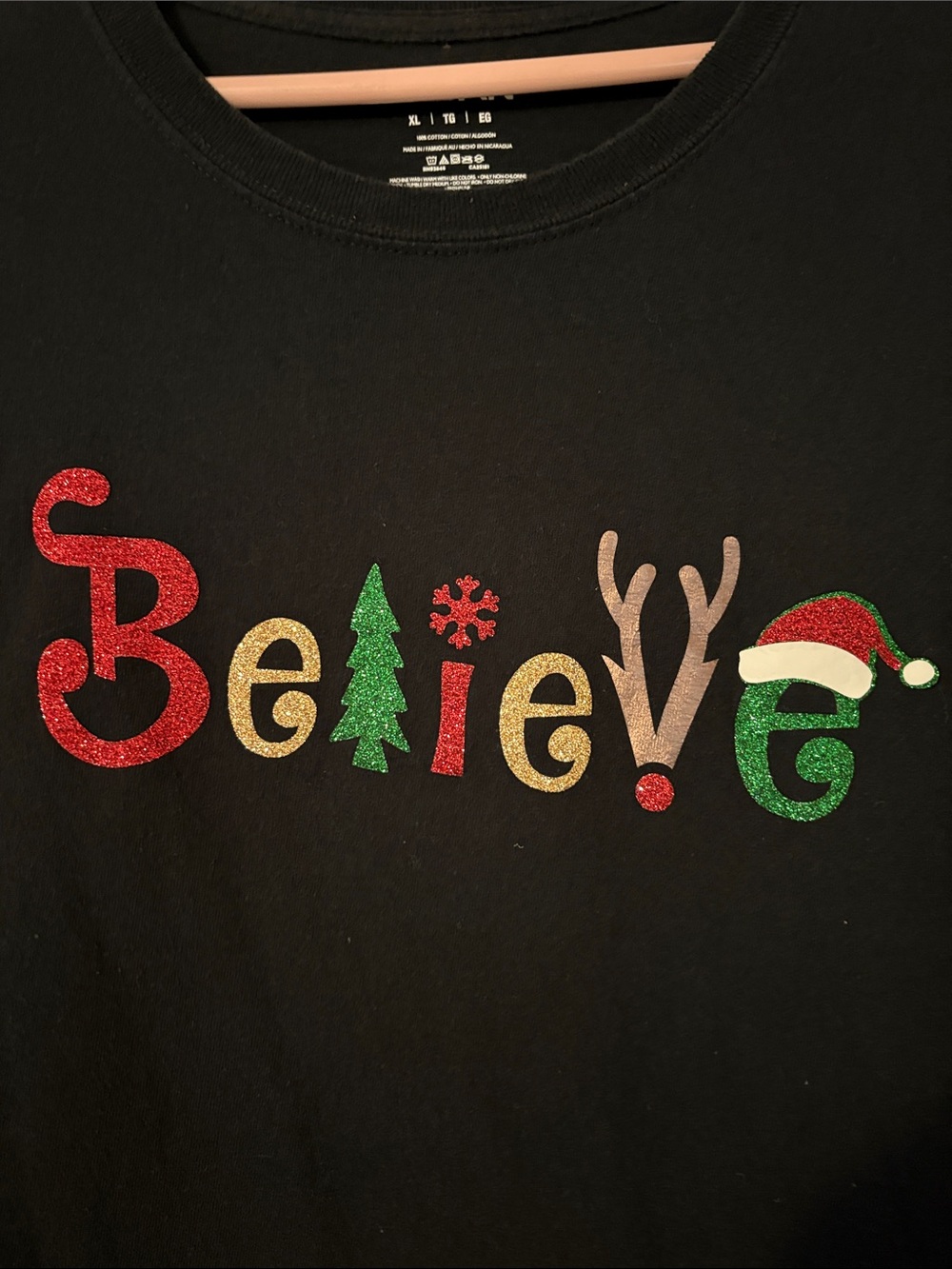 Christmas Blk Shirt  'Believe' Festive Glitter Graphic Tee